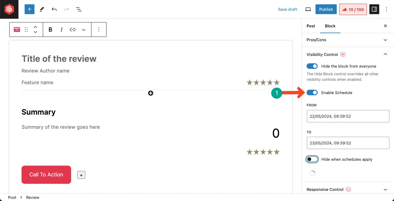 Enable schedule of the Visibility Control option